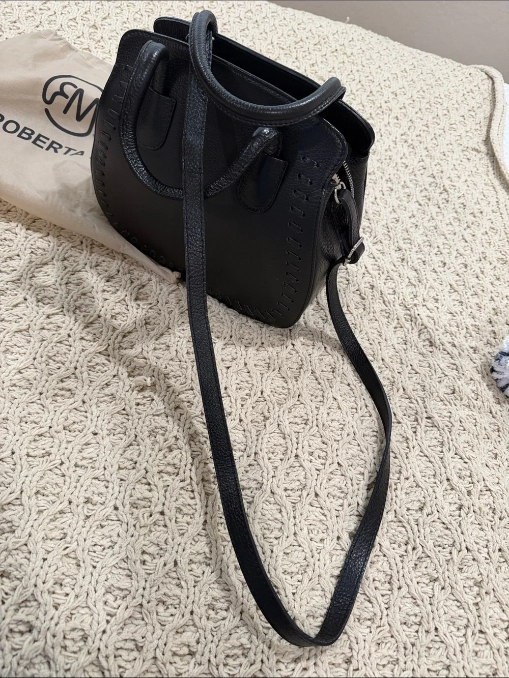 Roberta M Black Leather Top-Handle Bag with long strap for crossbody